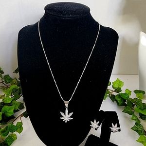 420 Silver Steel Chain Zirconia Leaf Pendant Matching Leaf Earrings